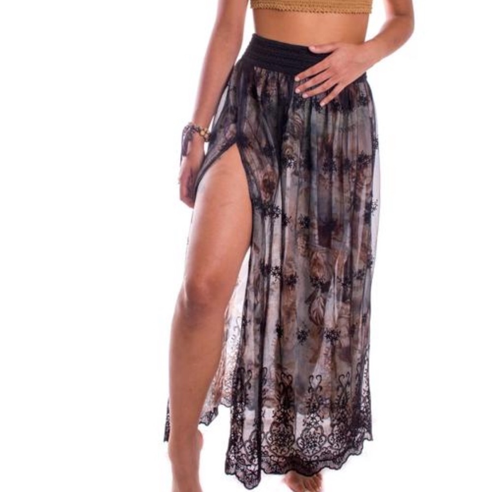 Gypsy floral mesh double split maxi skirt size small dark flower